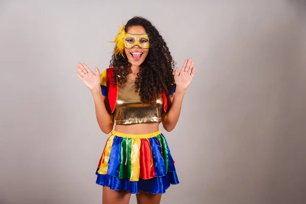 Schöne Schwarze Brasilianerin Mit Frevo Kleidung Karneval Mit Maske Einladend — Stockfoto