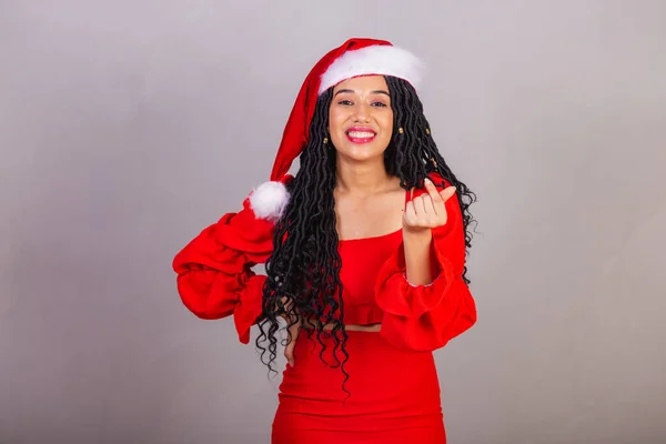 Brasilianische Schwarze Frau Weihnachtskleidung Frohe Weihnachten Lächelnd Herzzeichen — Stockfoto