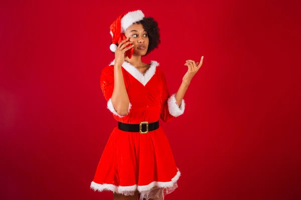 Krásná Černošky Brazilky Žena Oblečená Jako Santa Claus Maminka Claus — Stock fotografie