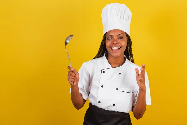 Young Afro Brazilian Woman Chef Cook Holding Cooking Ladle Kitchen — Stock Photo, Image