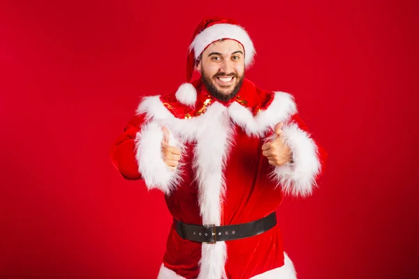 Brazilský Muž Oblečený Santa Claus Oblečení Jako Znamení — Stock fotografie