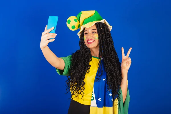 Young Black Brazilian Soccer Fan Making Self Portrait Selfie Smartphone — Stock Photo, Image
