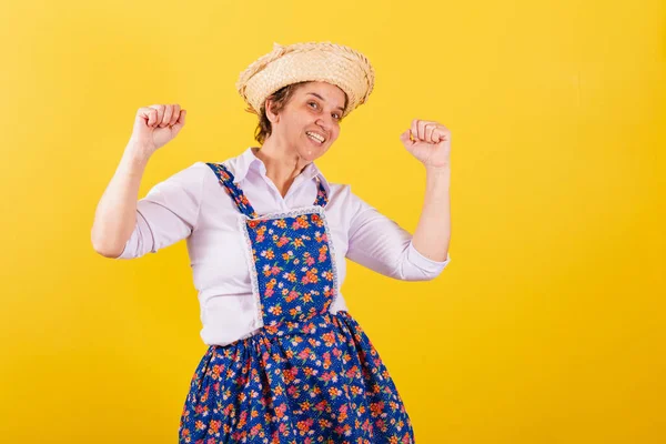 Mature Woman Dressed Typical Festa Junina Clothes Dancing Partying Enjoying — Stock Photo, Image