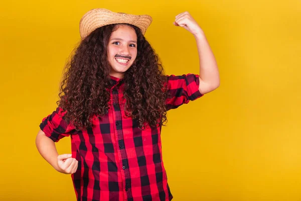 Caucasian Girl Dressed Boy Party Clothes Working Out Showing Strength — Stock Photo, Image
