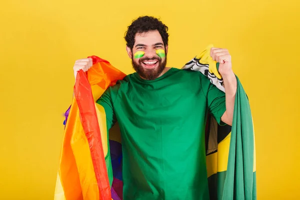 Caucasian Man Beard Brazilian Soccer Fan Brazil Wearing Lgbt Flag — Stock Photo, Image