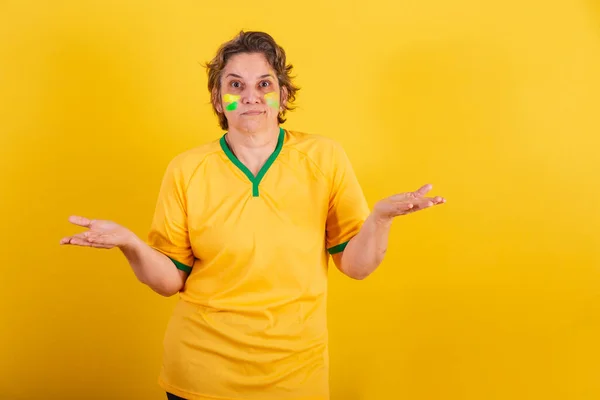 Adult Adult Woman Brazil Soccer Fan Doubt Questioning — Stock Photo, Image