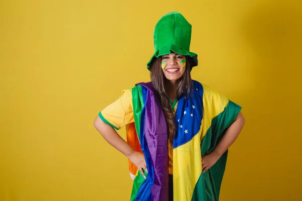 Donna Sostenitrice Del Brasile Coppa Del Mondo 2022 Indossando Bandiera — Foto Stock