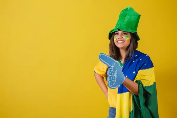 Woman Supporter Brazil World Cup 2022 Pointing Foam Finger Something — Stock Photo, Image