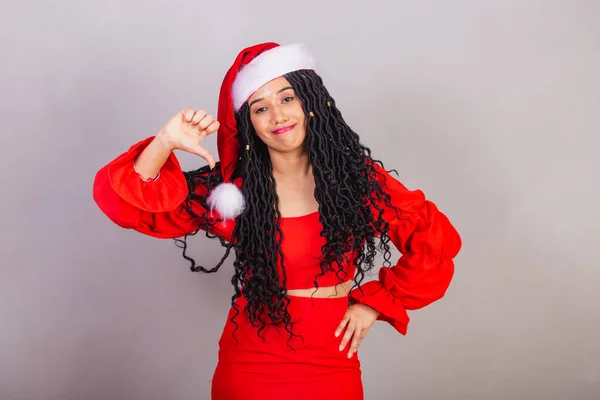 Brasileña Mujer Negra Vistiendo Ropa Navidad Feliz Navidad Sonriendo Signo — Foto de Stock