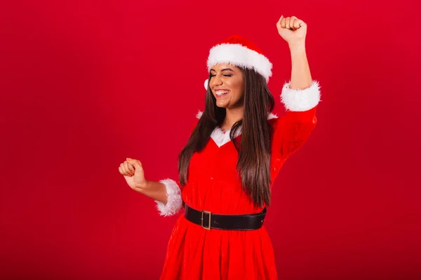 Beautiful Brazilian Woman Dressed Christmas Clothes Santa Claus Dancing — Stock Photo, Image