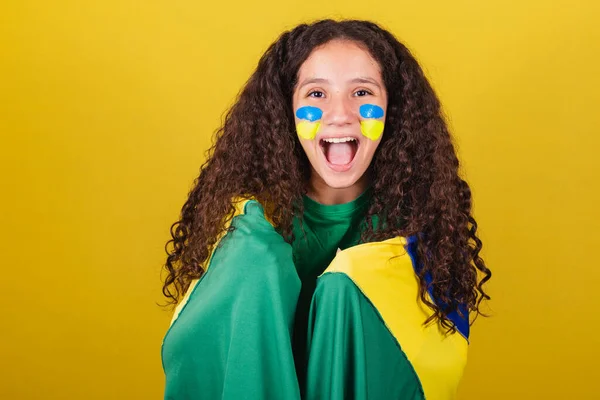 Brazilian Caucasian Girl Soccer Fan Screaming Goal Cheering Partying — Stock Photo, Image