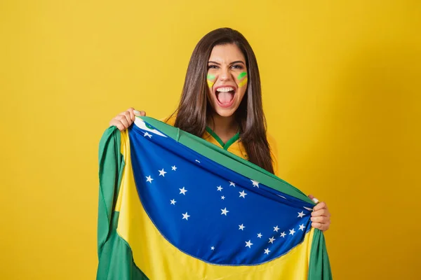 Woman Supporter Brazil 2022 World Cup Soccer Championship Holding Flag — Stock Photo, Image