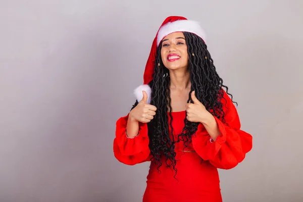 Mulher Negra Brasileira Vestindo Roupas Natal Feliz Natal Sorrindo Como — Fotografia de Stock