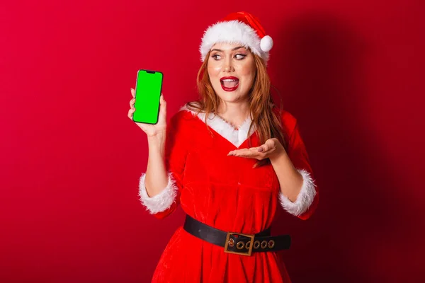 Krásná Brazilská Rusovlasá Žena Oblečená Vánočním Oblečení Santa Claus Zobrazení — Stock fotografie