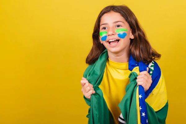 Futebol Infantil Caucasiano Brasileiro Comemorando Copa Mundo Jogos Olímpicos — Fotografia de Stock