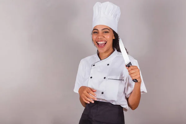 Jeune Brésilienne Noire Cuisinière Couteau Exploitation — Photo
