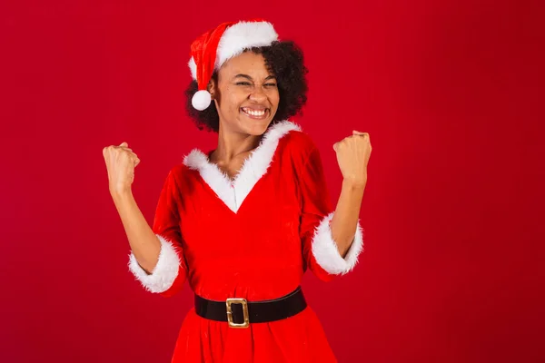 Beautiful Black Brazilian Woman Dressed Santa Claus Mama Claus Celebrating — Stock Photo, Image