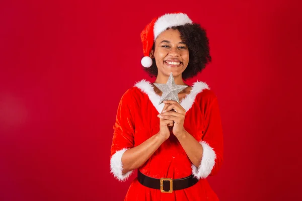 Mooie Zwarte Braziliaanse Vrouw Gekleed Als Kerstman Mama Claus Het — Stockfoto