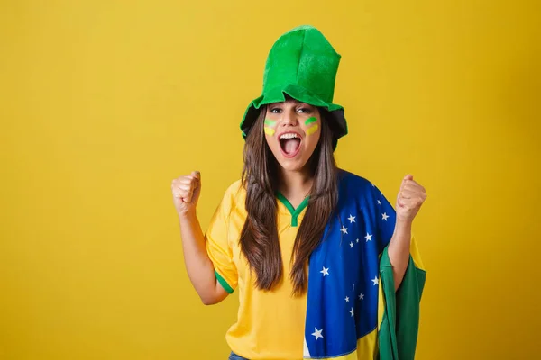 Woman Supporter Brazil World Cup 2022 Screaming Goal Celebrating Partying — Stock Photo, Image