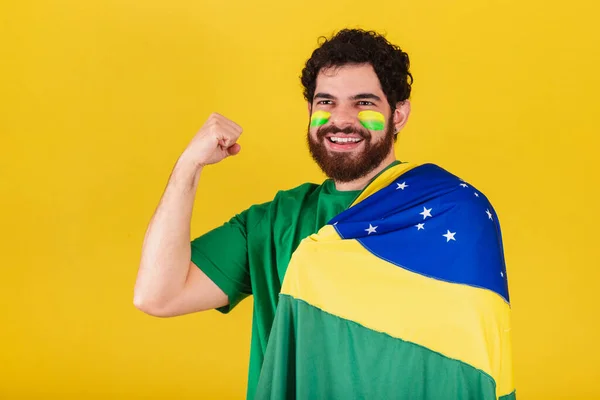 Homme Caucasien Avec Barbe Brésilien Fan Football Brésilien Bras Levé — Photo