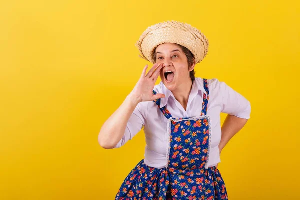 Mature Woman Dressed Typical Festa Junina Clothes Calling Shouting Promotion — Stock Photo, Image