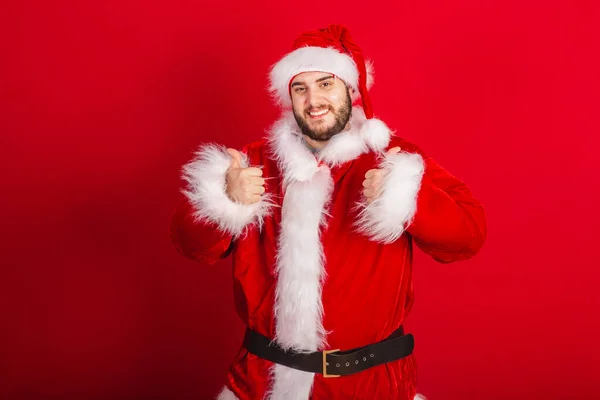 Caucasian Brazilian Man Dressed Christmas Outfit Santa Claus Your Fingers — Stock Photo, Image