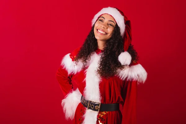 Krásná Brazilská Černoška Oblečená Jako Santa Claus Vánoční Oblečení Úsměvem — Stock fotografie