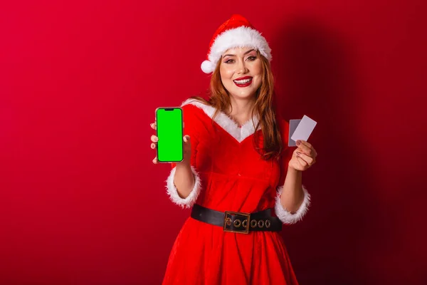 Beautiful Brazilian Red Haired Woman Dressed Christmas Clothes Santa Claus — Stock Photo, Image
