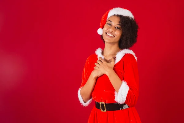Beautiful Black Brazilian Woman Dressed Santa Claus Mama Claus Gratitude — Stock Photo, Image