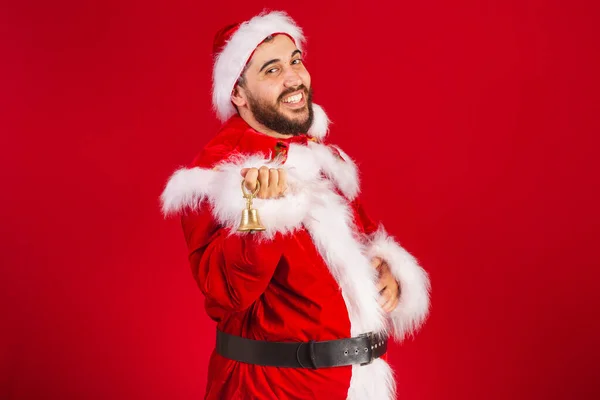 Brazilian Man Dressed Santa Claus Clothes Holding Christmas Bell — Stock Photo, Image