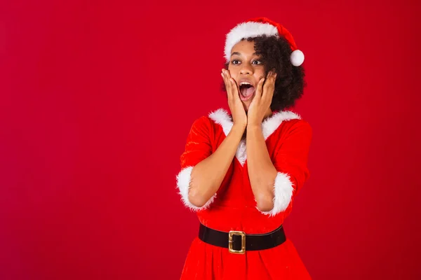 Schöne Schwarze Brasilianerin Gekleidet Als Santa Claus Mama Claus Hände — Stockfoto