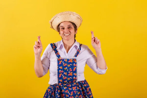 Mature Woman Dressed Typical Festa Junina Clothes Fingers Crossed Sign — Stock Photo, Image
