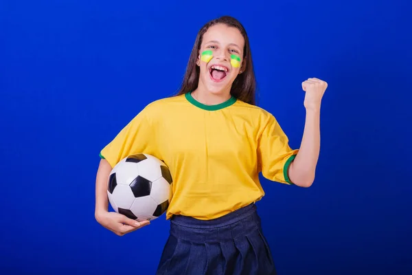 Young Girl Soccer Fan Brazil Holding Soccer Ball — Stock Photo, Image