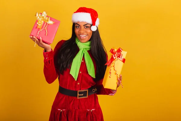 Beautiful Black Brazilian Woman Dressed Christmas Clothes Santa Claus Holding — Stock Photo, Image