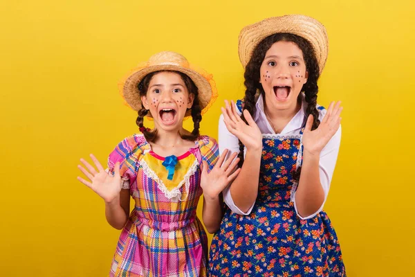 Sisters Friends Wearing Typical Clothes Festa Junina Surprises Wow Incredible — Stock Photo, Image