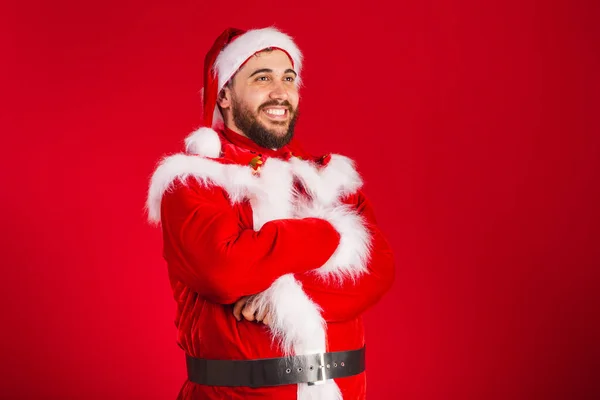 Brazilian Man Dressed Santa Claus Clothes Arms Crossed — Stock Photo, Image
