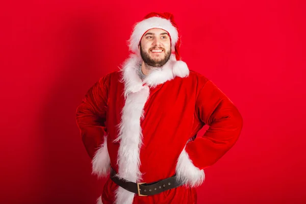 Caucasian Brazilian Man Dressed Christmas Outfit Santa Claus Hands Hips — Stock Photo, Image