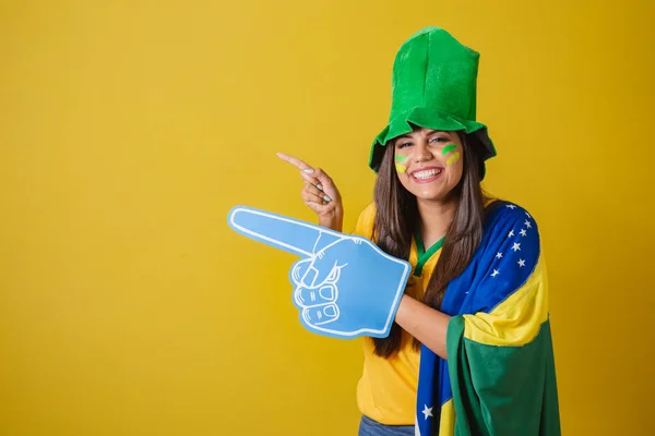 Woman Supporter Brazil World Cup 2022 Pointing Foam Finger Left — Stock Photo, Image