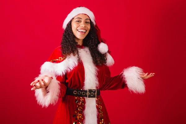Beautiful Brazilian Black Woman Dressed Santa Claus Christmas Clothes Surprised — Stock Photo, Image