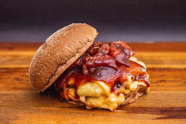 Delicious Double Beef Burger Mozzarella Cheese Barbecue Sauce Australian Bread — Stock Photo, Image