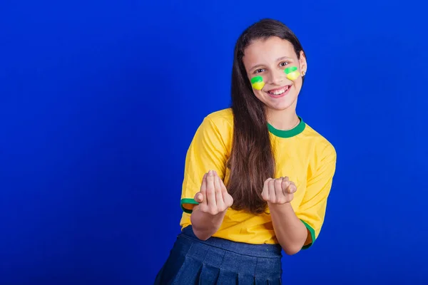 Junges Mädchen Fußballfan Aus Brasilien Rufen Mit Den Händen Kommen — Stockfoto