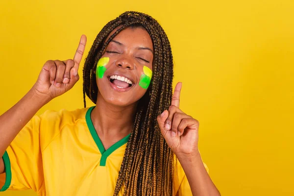 Femme Noire Jeune Fan Football Brésilien Gros Plan Photo Faire — Photo