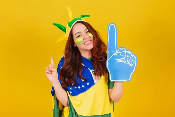 Caucasian Woman Redhead Soccer Fan Brazil Using Foam Finger Cheering — Stock Photo, Image