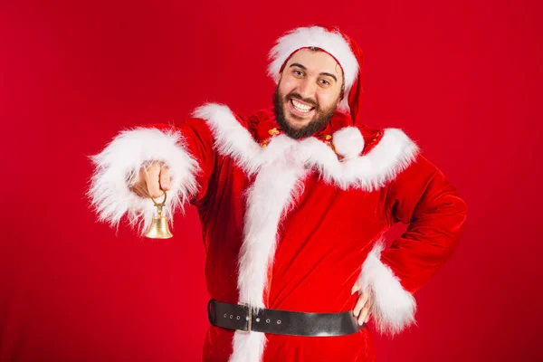 Brazilian Man Dressed Santa Claus Clothes Holding Christmas Bell — Stock Photo, Image