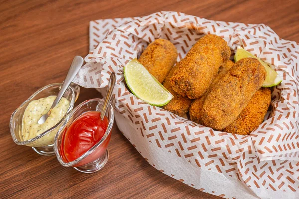 Chicken Croquette Typical Brazilian Snack Served Lemon Slices Chili Sauce — Stock Photo, Image