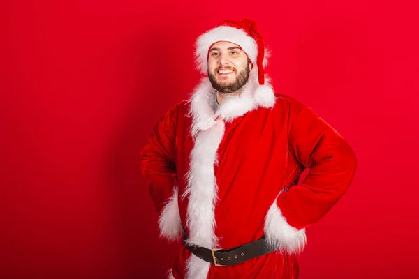 Caucasian Brazilian Man Dressed Christmas Outfit Santa Claus Hands Hips — Stock Photo, Image