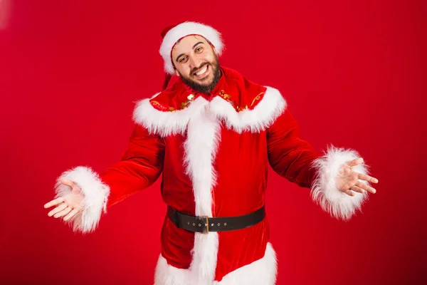 Brazilian Man Dressed Santa Claus Clothes Open Arms Welcome — Stock Photo, Image