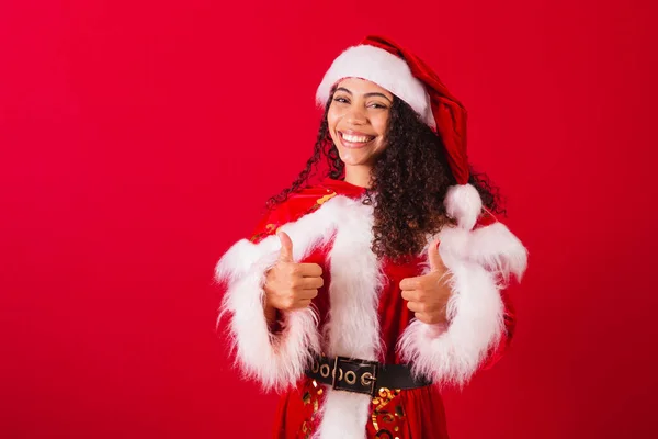 Beautiful Brazilian Black Woman Dressed Santa Claus Christmas Clothes Positive — Stock Photo, Image
