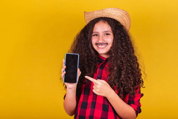 Blank Meisje Verkleed Als Jongen Feestkleding Telefoon Scherm Mobiele App — Stockfoto