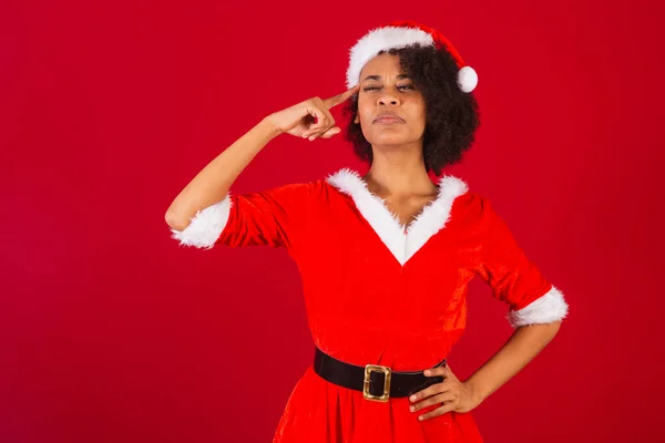 Mooie Zwarte Braziliaanse Vrouw Verkleed Als Kerstman Mama Claus Vinger — Stockfoto